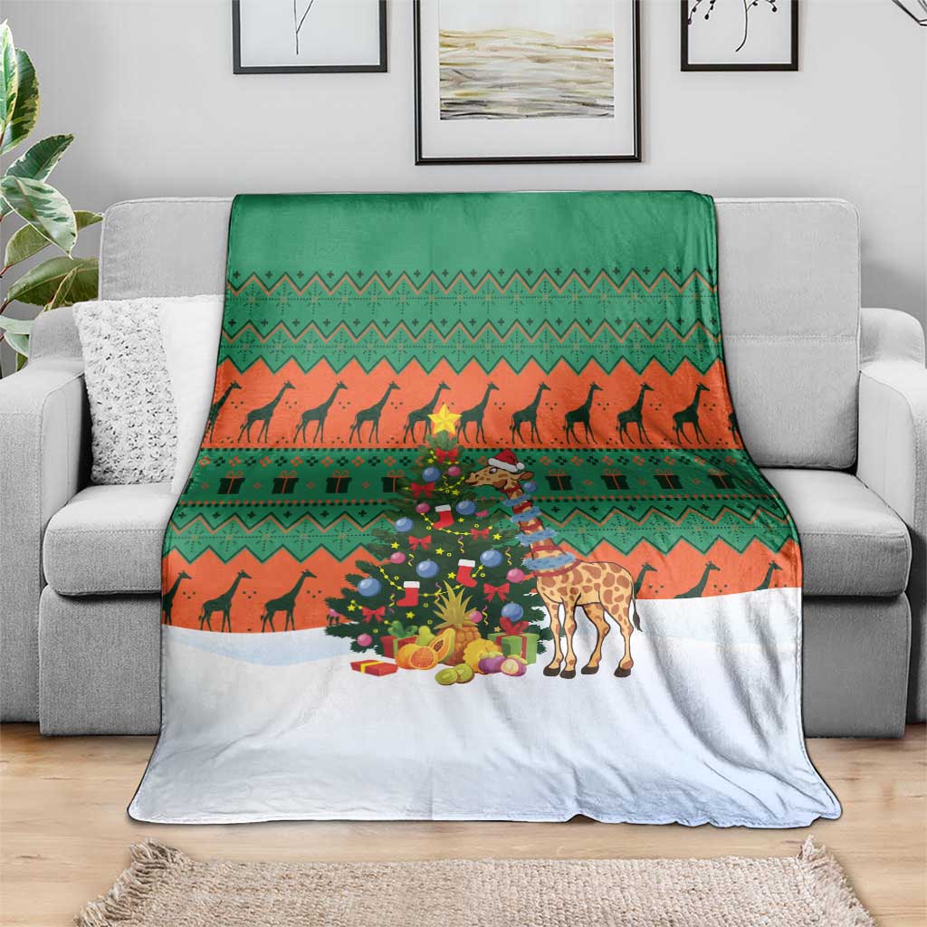 Giraffes Decorating Tree Gifts Blanket with Orange Green Holiday Pattern Design - Wonder Print Shop