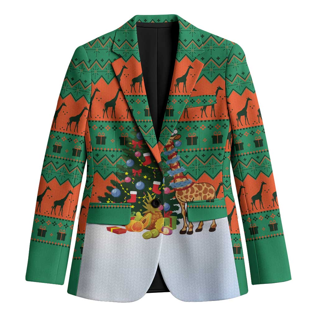 Giraffes Decorating Tree Gifts Blazer with Orange Green Holiday Pattern Design - Wonder Print Shop