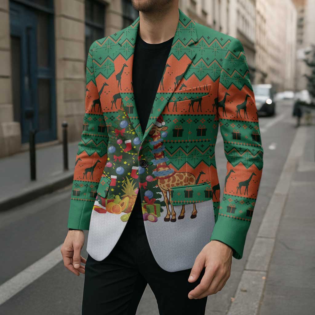 Giraffes Decorating Tree Gifts Blazer with Orange Green Holiday Pattern Design - Wonder Print Shop