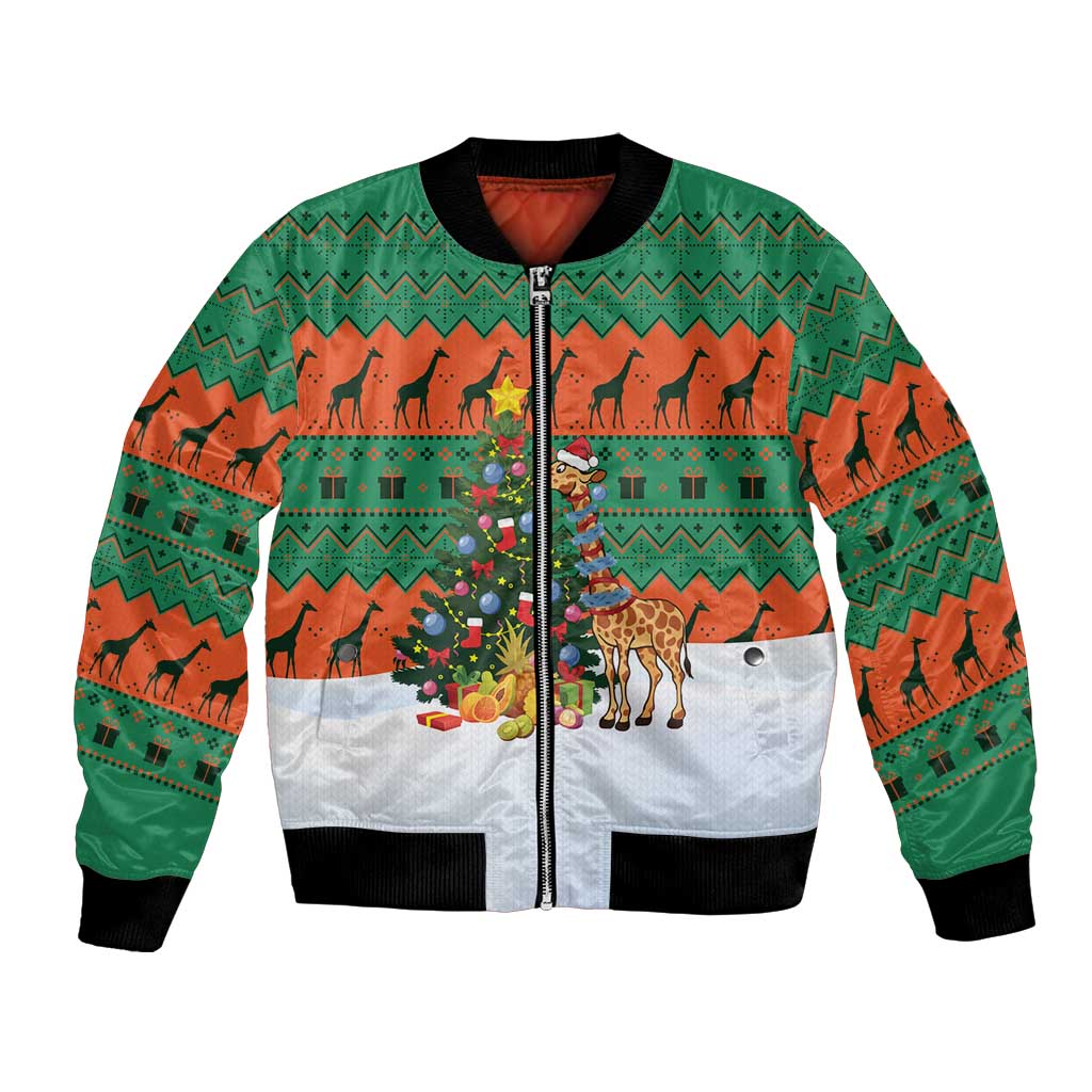 Giraffes Decorating Tree Gifts Bomber Jacket with Orange Green Holiday Pattern Design - Wonder Print Shop