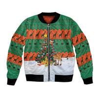 Giraffes Decorating Tree Gifts Bomber Jacket with Orange Green Holiday Pattern Design - Wonder Print Shop