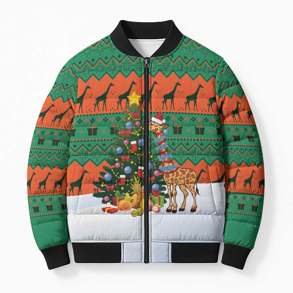 Giraffes Decorating Tree Gifts Bomber Puffer Jacket with Orange Green Holiday Pattern Design - Wonder Print Shop