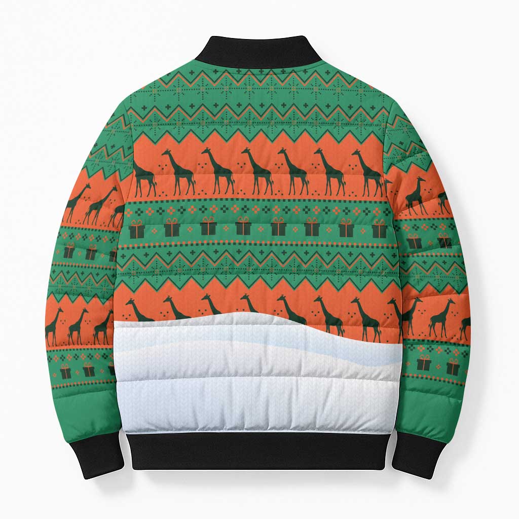 Giraffes Decorating Tree Gifts Bomber Puffer Jacket with Orange Green Holiday Pattern Design - Wonder Print Shop