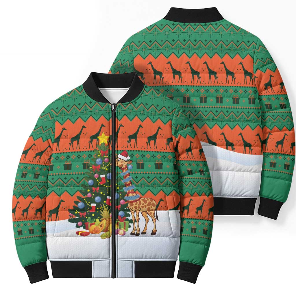 Giraffes Decorating Tree Gifts Bomber Puffer Jacket with Orange Green Holiday Pattern Design - Wonder Print Shop