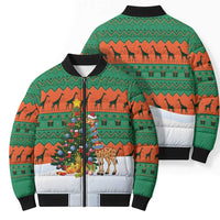 Giraffes Decorating Tree Gifts Bomber Puffer Jacket with Orange Green Holiday Pattern Design - Wonder Print Shop