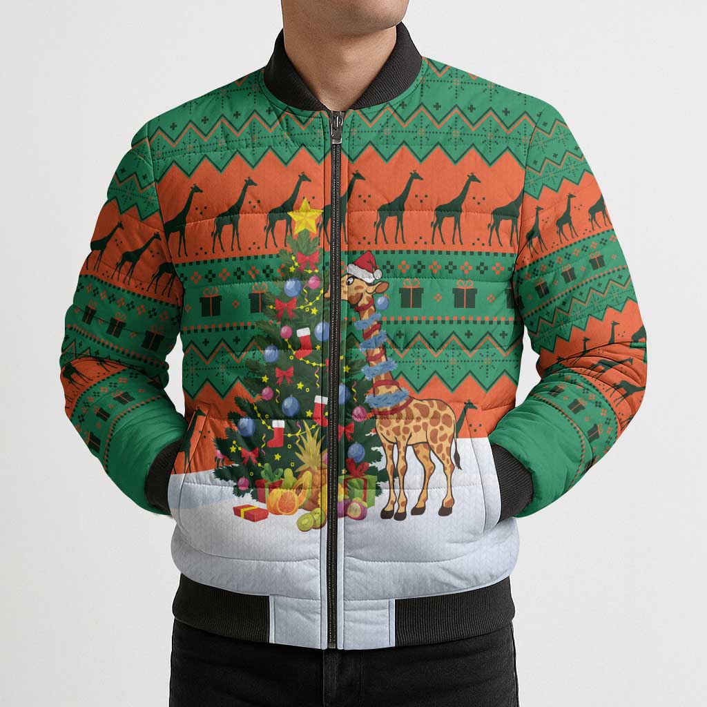 Giraffes Decorating Tree Gifts Bomber Puffer Jacket with Orange Green Holiday Pattern Design - Wonder Print Shop