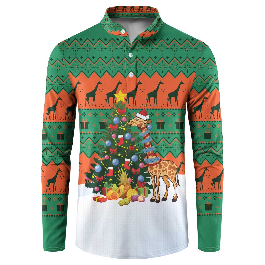Giraffes Decorating Tree Gifts Button Sweatshirt with Orange Green Holiday Pattern Design - Wonder Print Shop