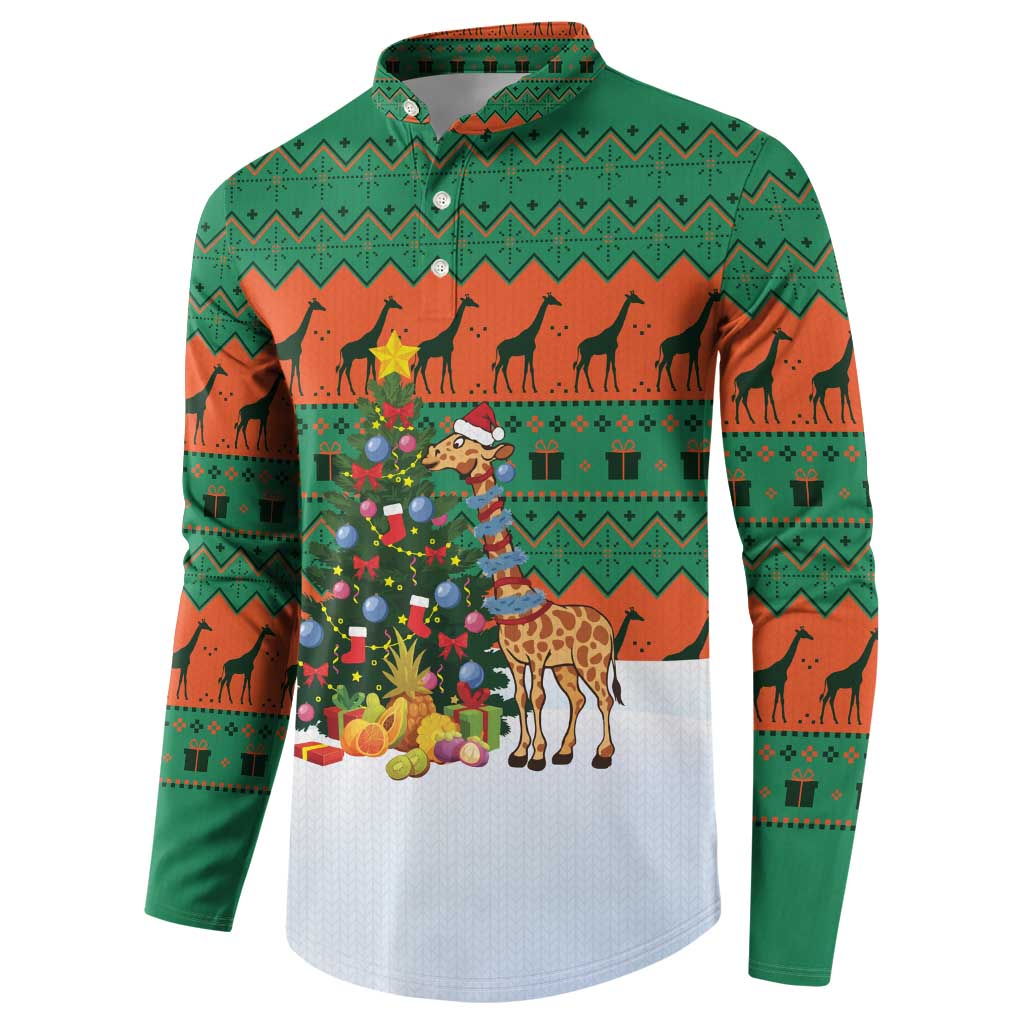 Giraffes Decorating Tree Gifts Button Sweatshirt with Orange Green Holiday Pattern Design - Wonder Print Shop