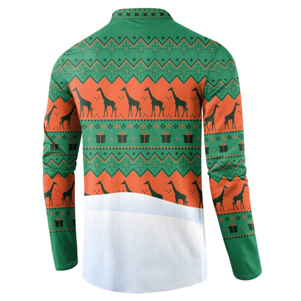 Giraffes Decorating Tree Gifts Button Sweatshirt with Orange Green Holiday Pattern Design - Wonder Print Shop