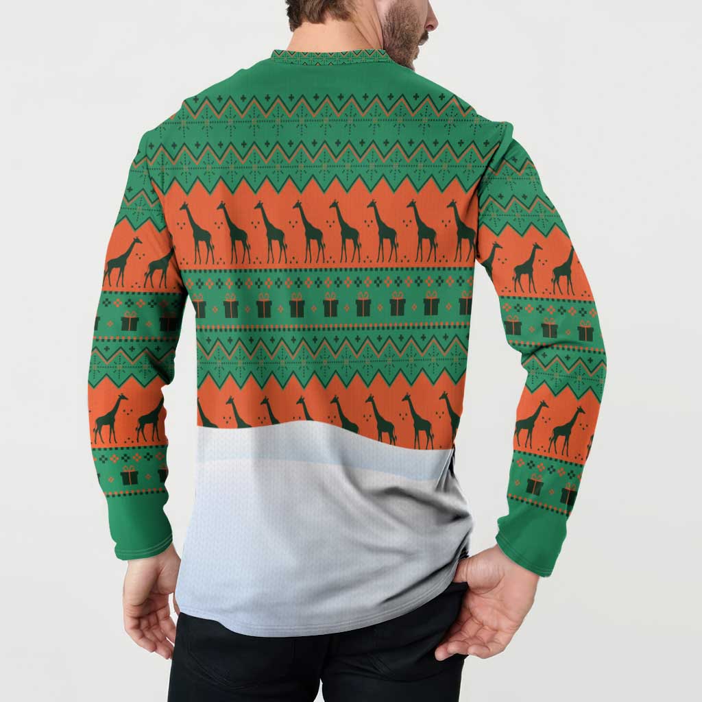 Giraffes Decorating Tree Gifts Button Sweatshirt with Orange Green Holiday Pattern Design - Wonder Print Shop