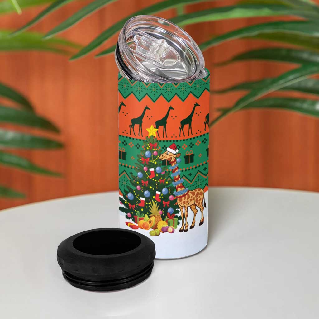 Giraffes Decorating Tree Gifts 4 in 1 Can Cooler Tumbler with Orange Green Holiday Pattern Design - Wonder Print Shop