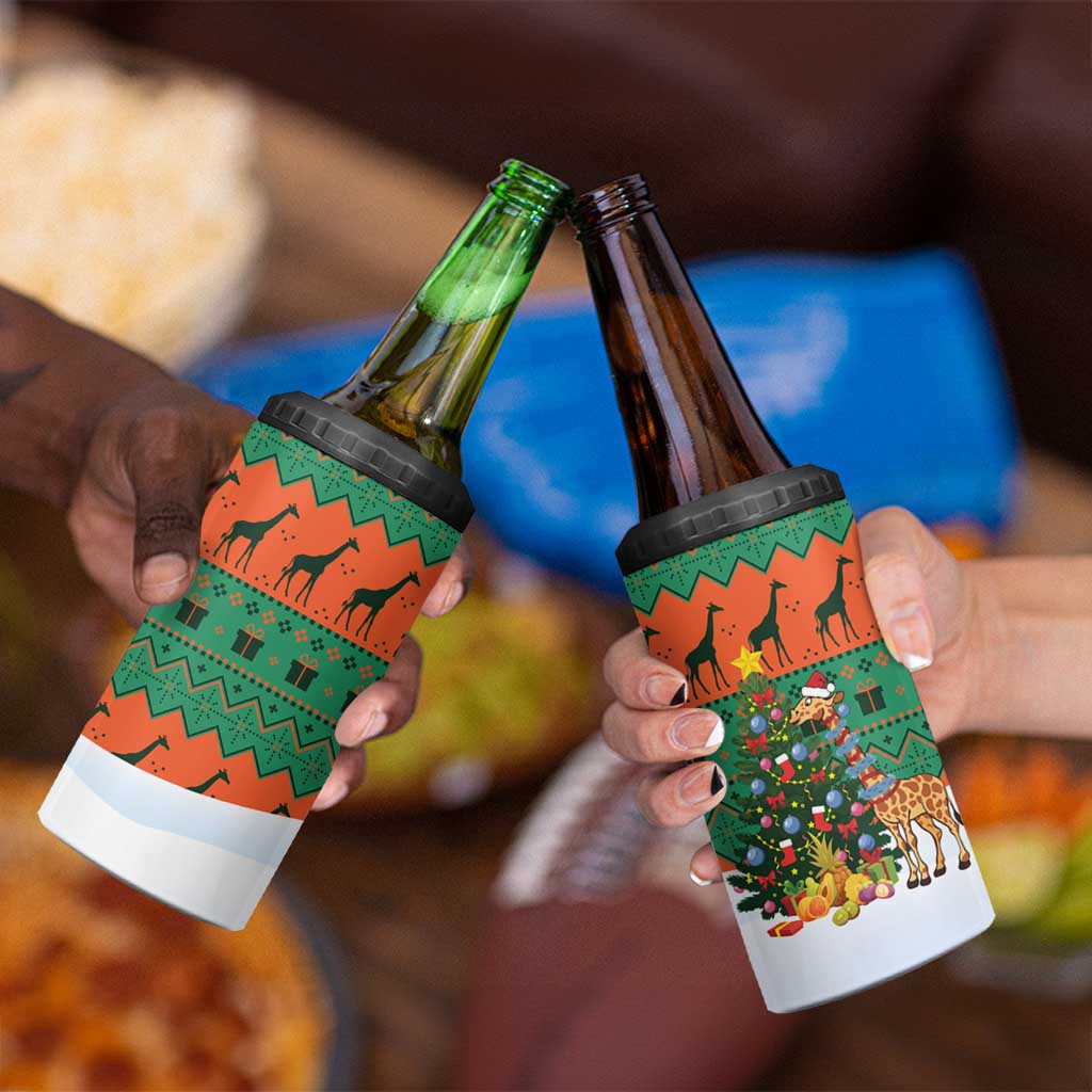 Giraffes Decorating Tree Gifts 4 in 1 Can Cooler Tumbler with Orange Green Holiday Pattern Design - Wonder Print Shop