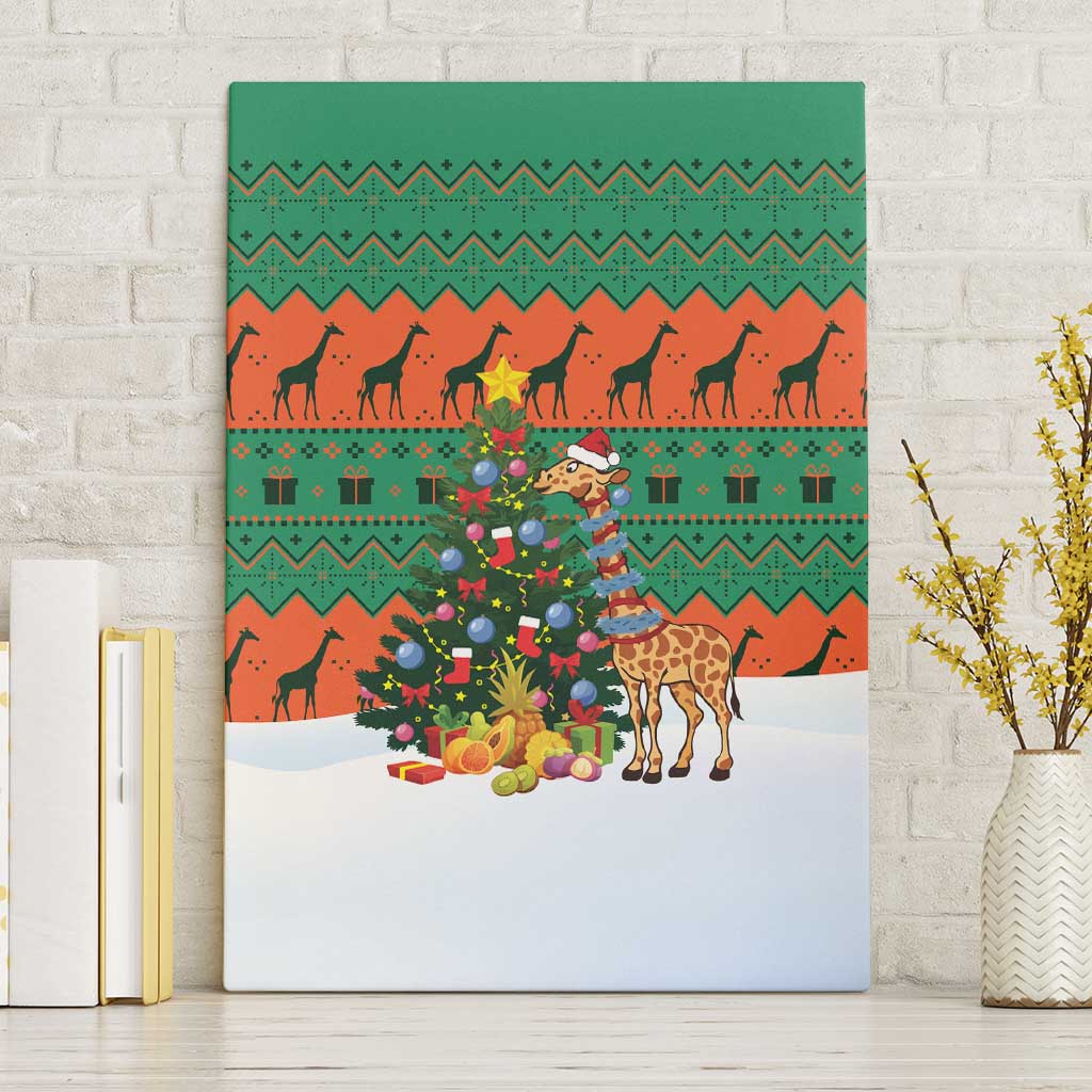 Giraffes Decorating Tree Gifts Canvas Wall Art with Orange Green Holiday Pattern Design - Wonder Print Shop