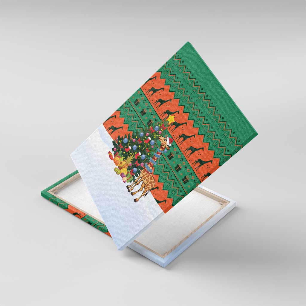 Giraffes Decorating Tree Gifts Canvas Wall Art with Orange Green Holiday Pattern Design - Wonder Print Shop
