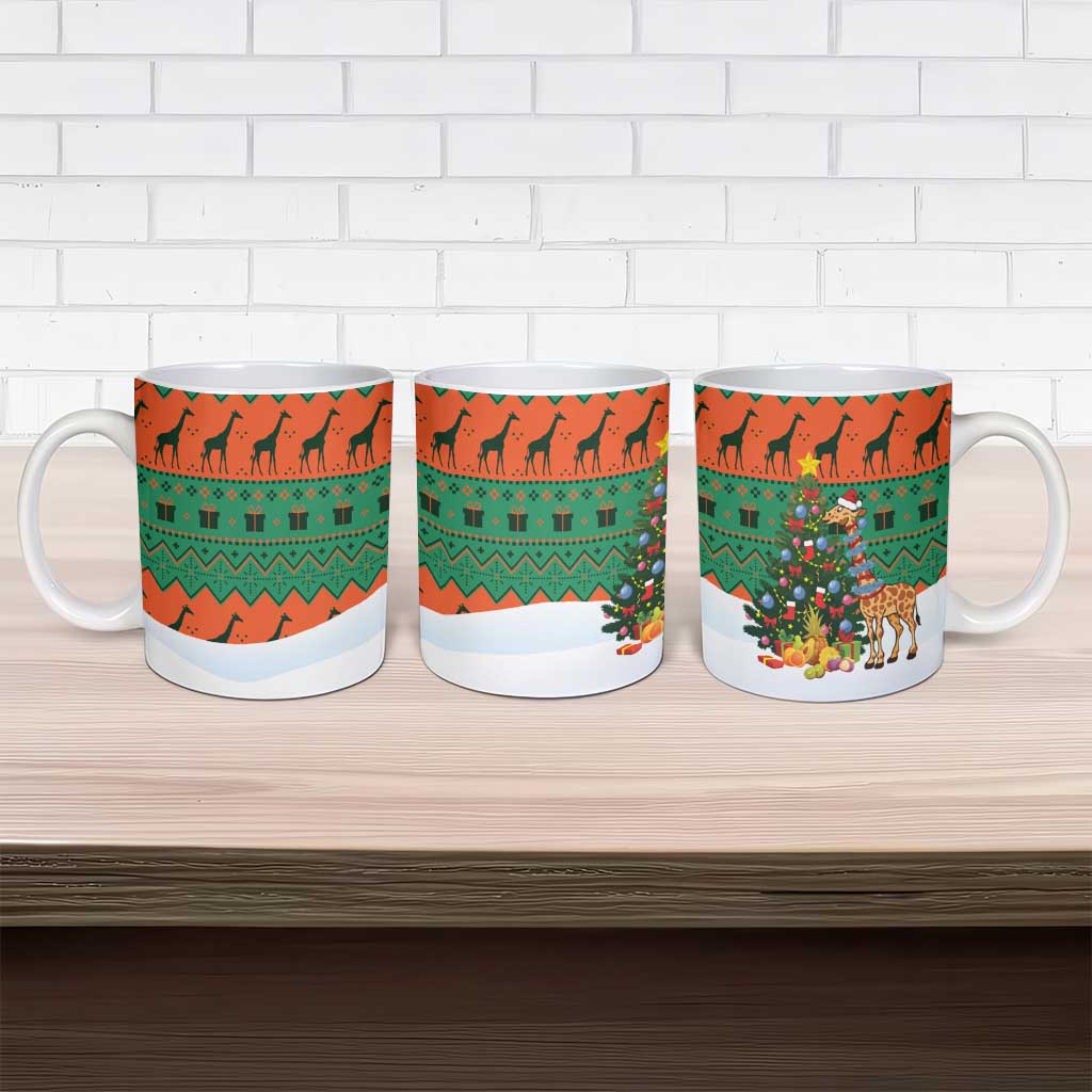 Giraffes Decorating Tree Gifts Ceramic Mug with Orange Green Holiday Pattern Design - Wonder Print Shop
