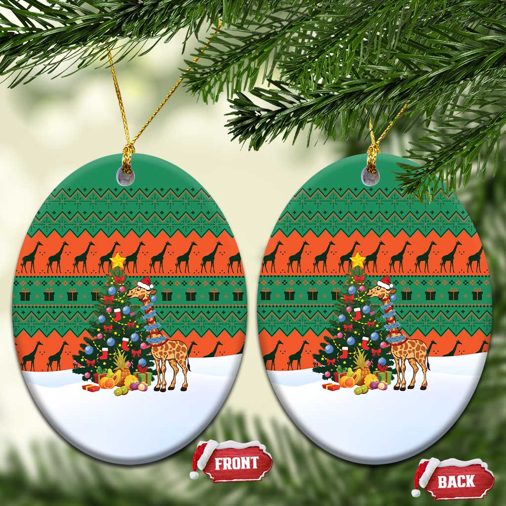 Giraffes Decorating Tree Gifts Ceramic Ornament with Orange Green Holiday Pattern Design - Wonder Print Shop