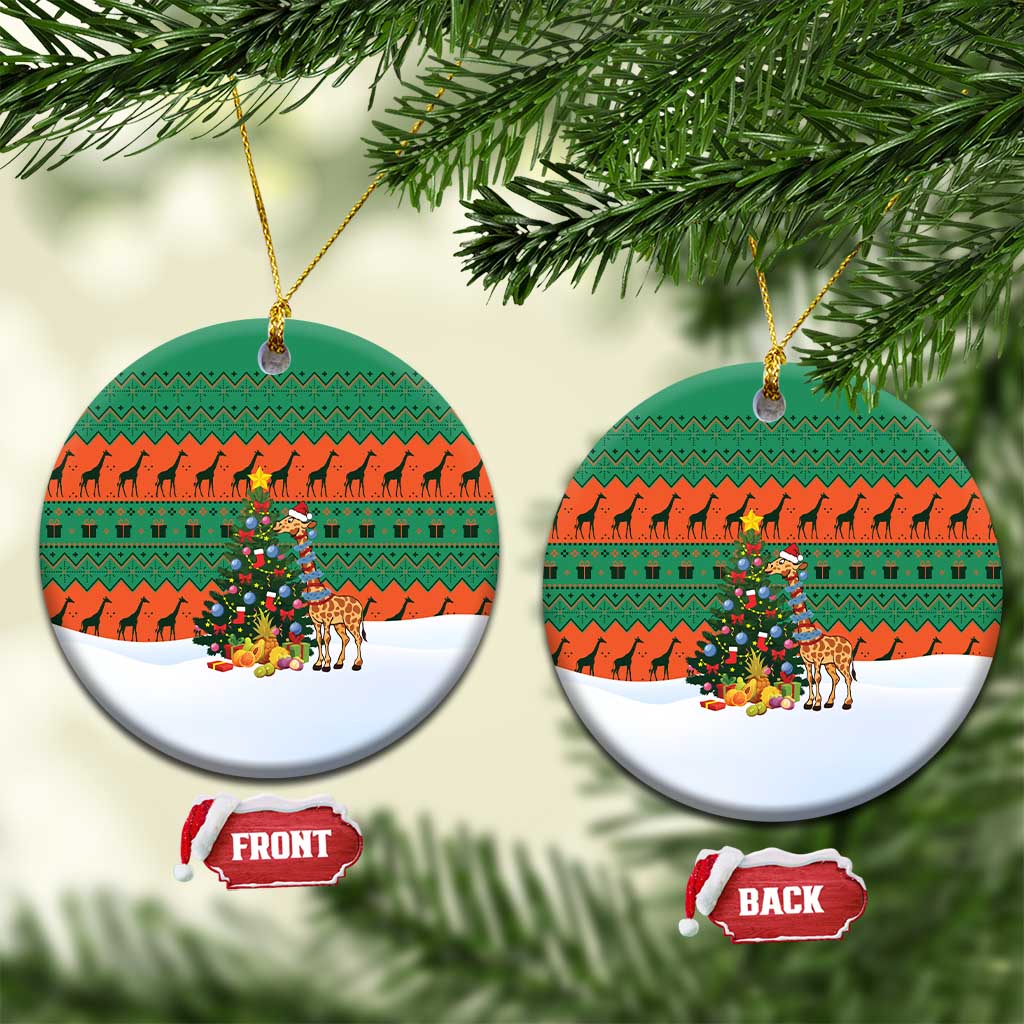 Giraffes Decorating Tree Gifts Ceramic Ornament with Orange Green Holiday Pattern Design - Wonder Print Shop