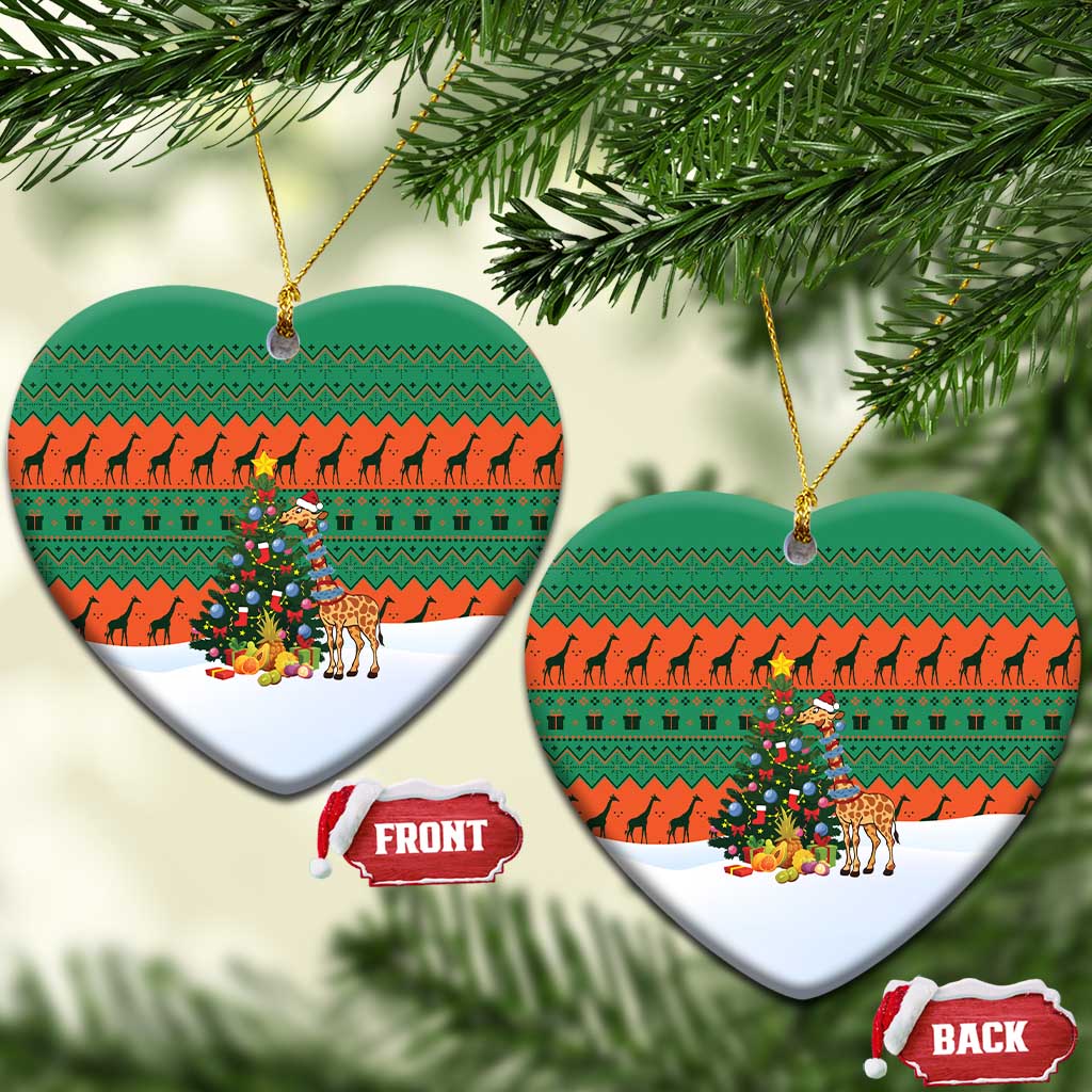 Giraffes Decorating Tree Gifts Ceramic Ornament with Orange Green Holiday Pattern Design - Wonder Print Shop