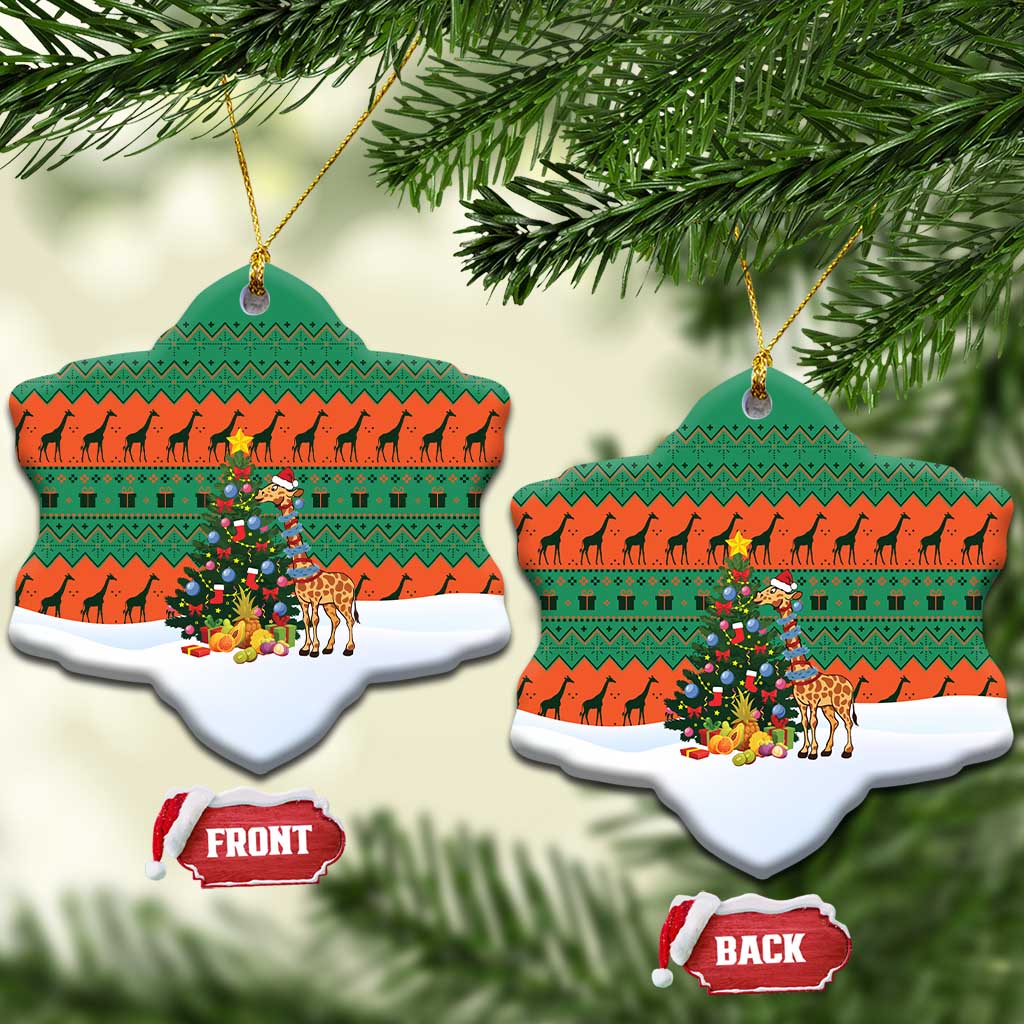 Giraffes Decorating Tree Gifts Ceramic Ornament with Orange Green Holiday Pattern Design - Wonder Print Shop