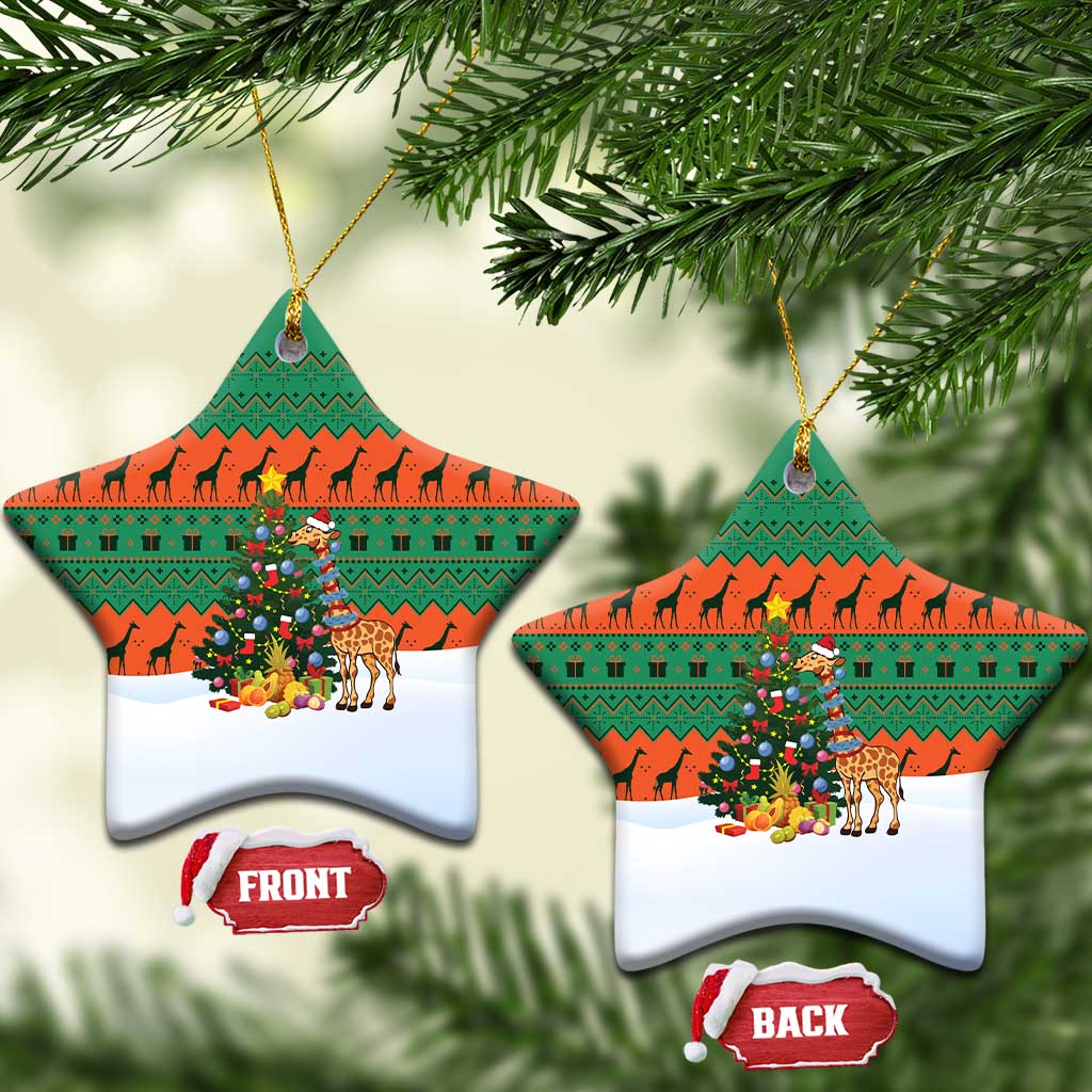 Giraffes Decorating Tree Gifts Ceramic Ornament with Orange Green Holiday Pattern Design - Wonder Print Shop