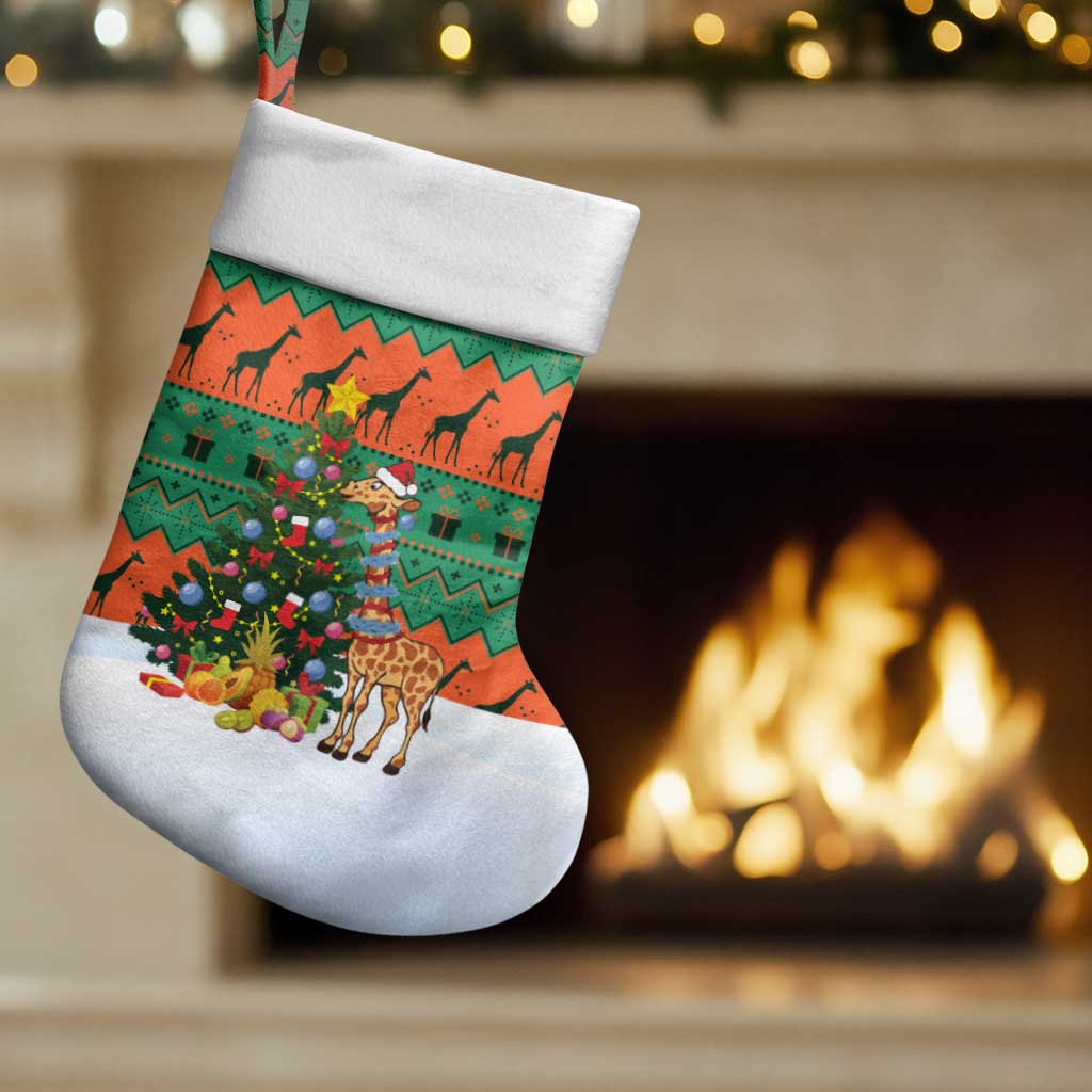Giraffes Decorating Tree Gifts Christmas Stocking with Orange Green Holiday Pattern Design - Wonder Print Shop