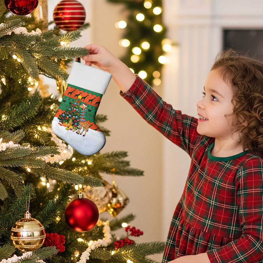 Giraffes Decorating Tree Gifts Christmas Stocking with Orange Green Holiday Pattern Design - Wonder Print Shop