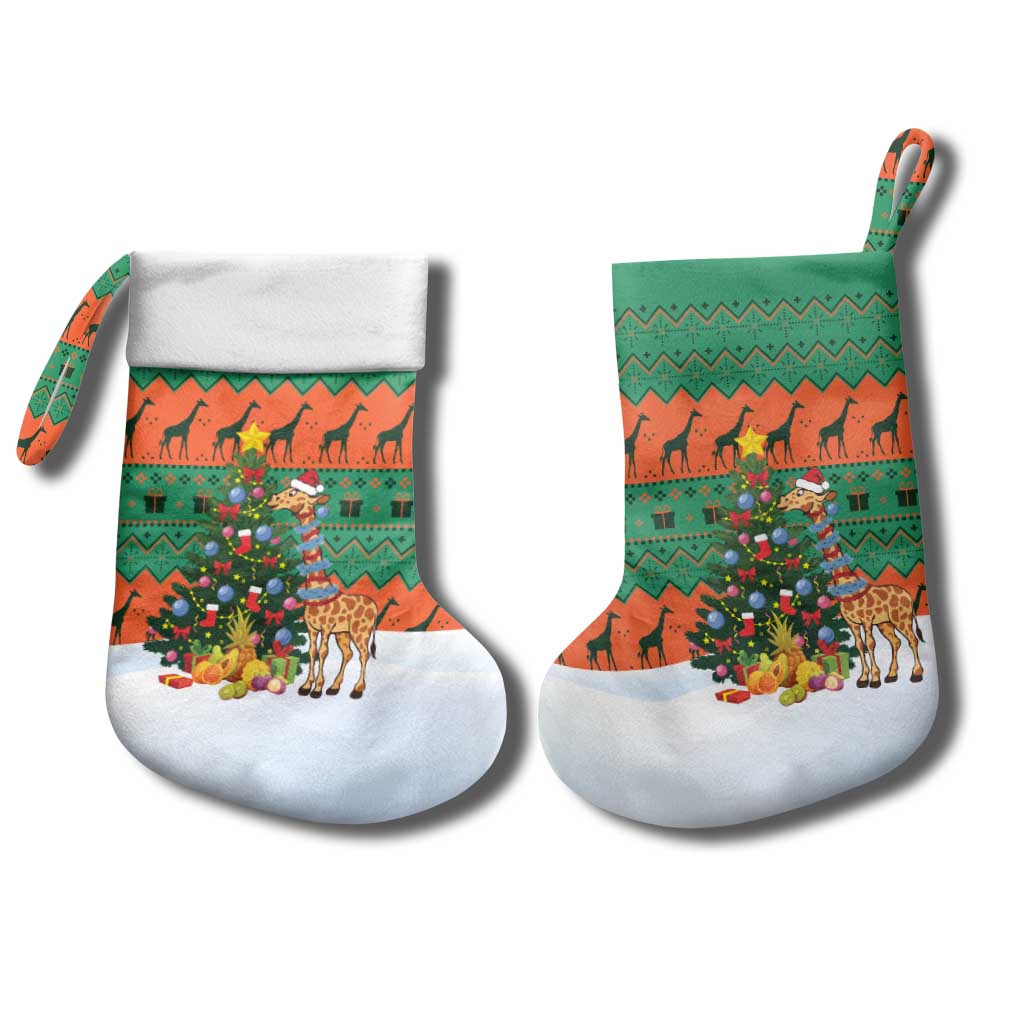 Giraffes Decorating Tree Gifts Christmas Stocking with Orange Green Holiday Pattern Design - Wonder Print Shop
