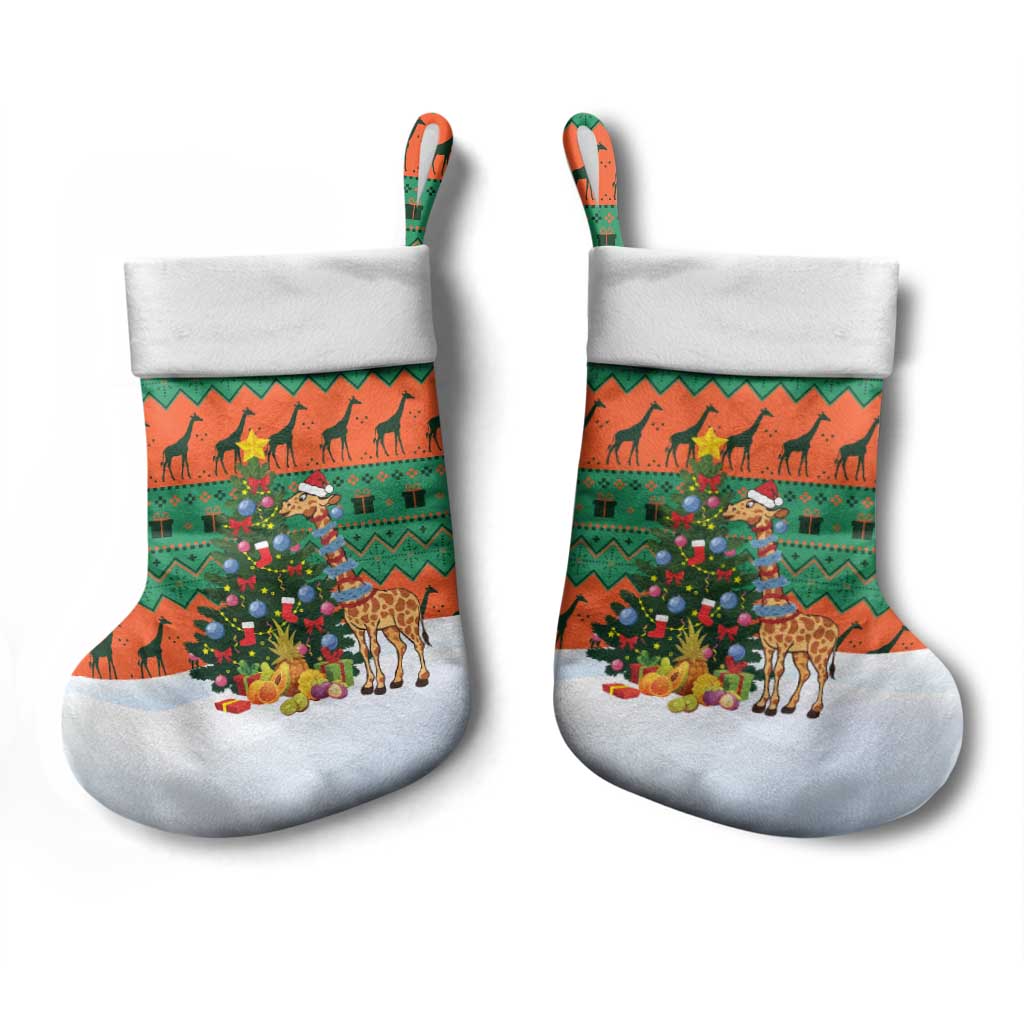 Giraffes Decorating Tree Gifts Christmas Stocking with Orange Green Holiday Pattern Design - Wonder Print Shop