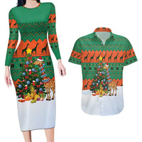 Giraffes Decorating Tree Gifts Couples Matching Long Sleeve Bodycon Dress and Hawaiian Shirt with Orange Green Holiday Pattern Design - Wonder Print Shop
