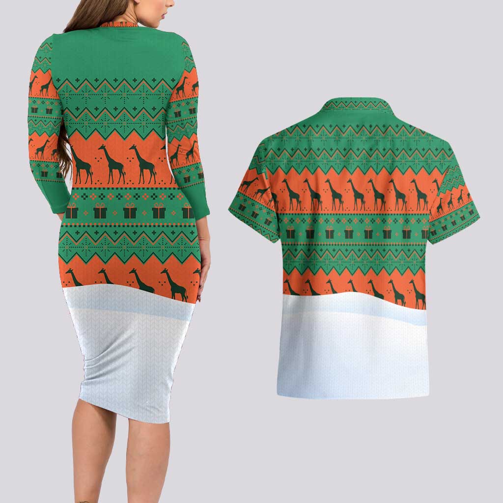 Giraffes Decorating Tree Gifts Couples Matching Long Sleeve Bodycon Dress and Hawaiian Shirt with Orange Green Holiday Pattern Design - Wonder Print Shop