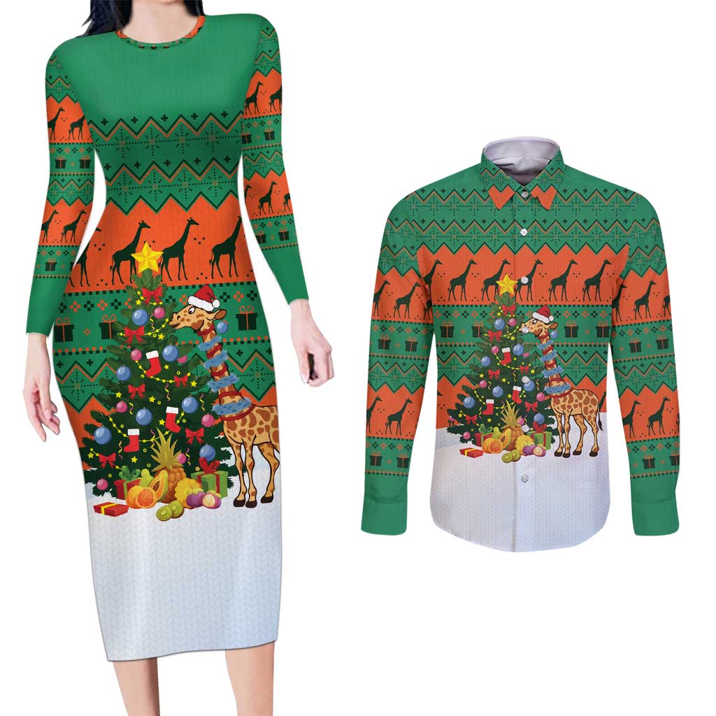 Giraffes Decorating Tree Gifts Couples Matching Long Sleeve Bodycon Dress and Long Sleeve Button Shirt with Orange Green Holiday Pattern Design - Wonder Print Shop
