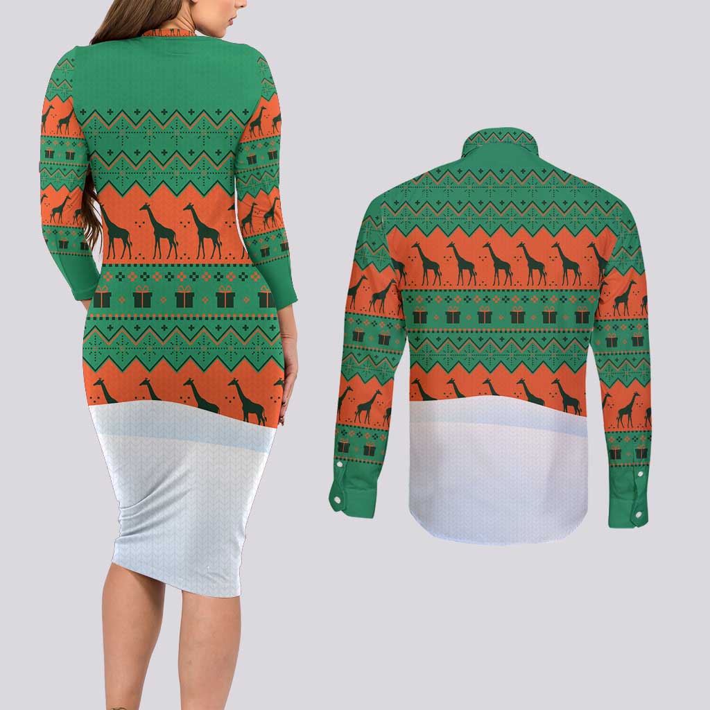 Giraffes Decorating Tree Gifts Couples Matching Long Sleeve Bodycon Dress and Long Sleeve Button Shirt with Orange Green Holiday Pattern Design - Wonder Print Shop