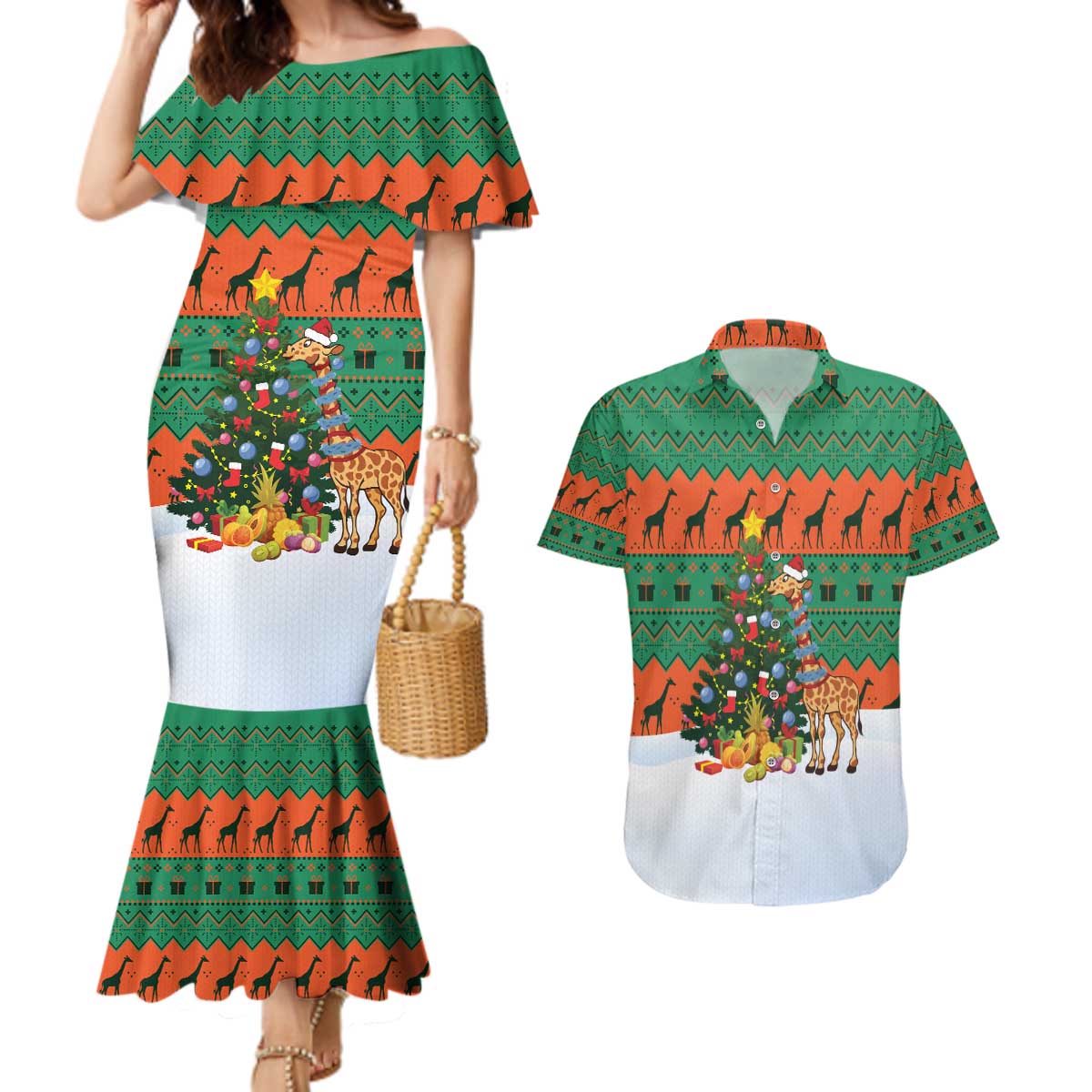 Giraffes Decorating Tree Gifts Couples Matching Mermaid Dress and Hawaiian Shirt with Orange Green Holiday Pattern Design - Wonder Print Shop