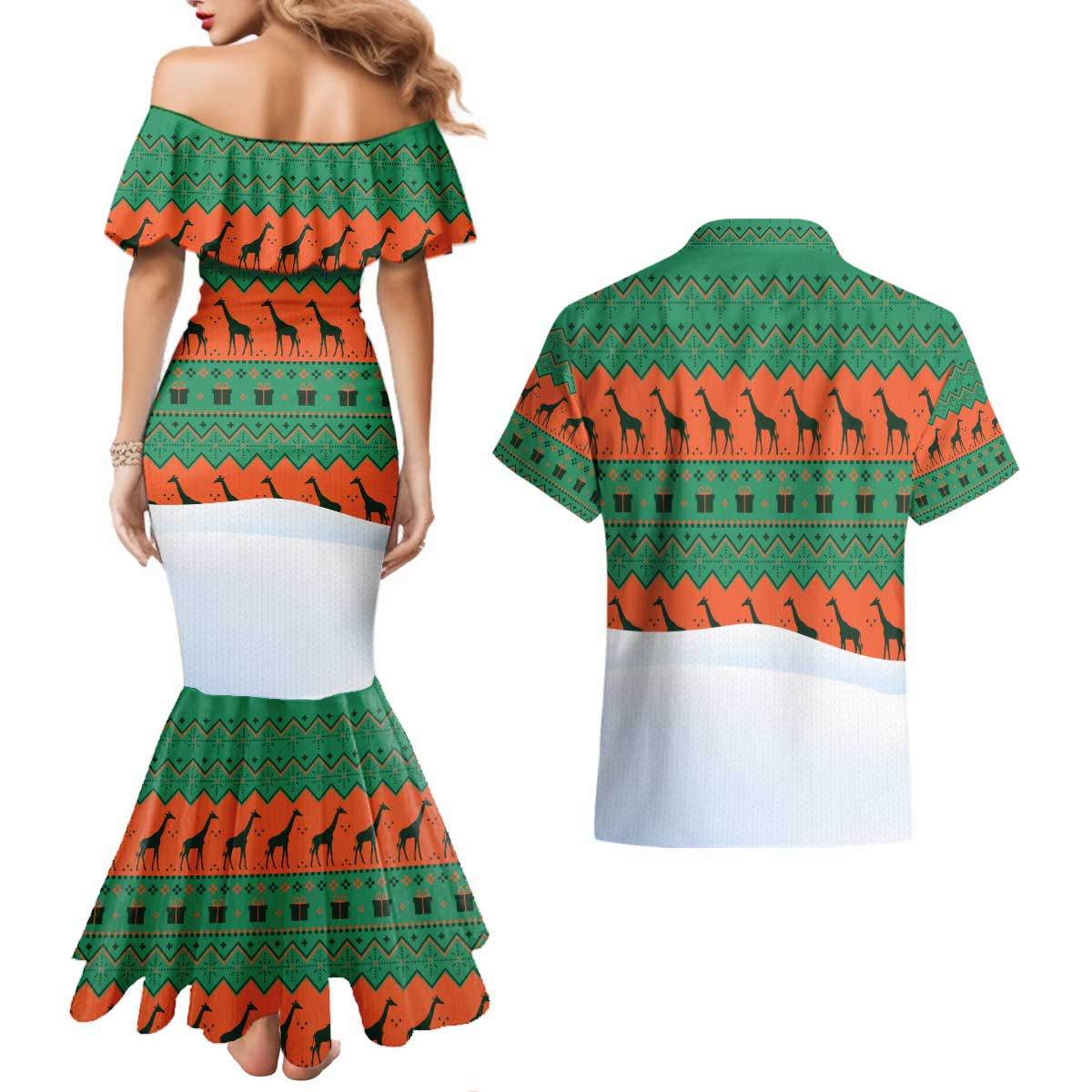 Giraffes Decorating Tree Gifts Couples Matching Mermaid Dress and Hawaiian Shirt with Orange Green Holiday Pattern Design - Wonder Print Shop