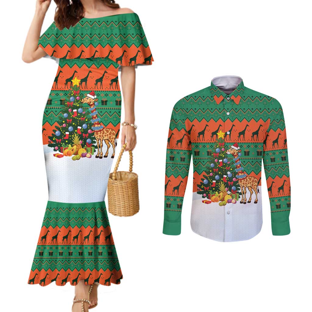 Giraffes Decorating Tree Gifts Couples Matching Mermaid Dress and Long Sleeve Button Shirt with Orange Green Holiday Pattern Design - Wonder Print Shop