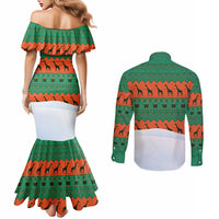 Giraffes Decorating Tree Gifts Couples Matching Mermaid Dress and Long Sleeve Button Shirt with Orange Green Holiday Pattern Design - Wonder Print Shop