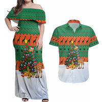 Giraffes Decorating Tree Gifts Couples Matching Off Shoulder Maxi Dress and Hawaiian Shirt with Orange Green Holiday Pattern Design - Wonder Print Shop