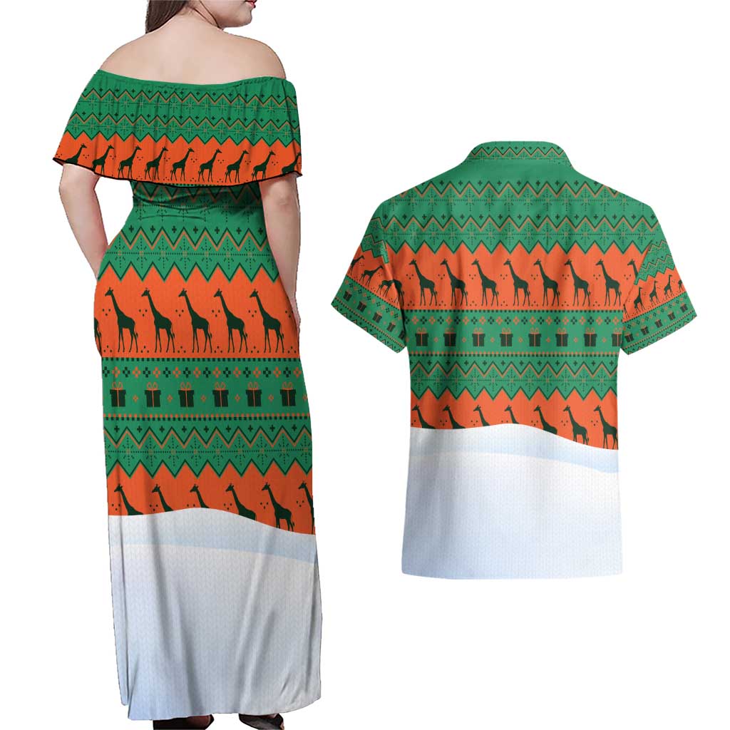 Giraffes Decorating Tree Gifts Couples Matching Off Shoulder Maxi Dress and Hawaiian Shirt with Orange Green Holiday Pattern Design - Wonder Print Shop