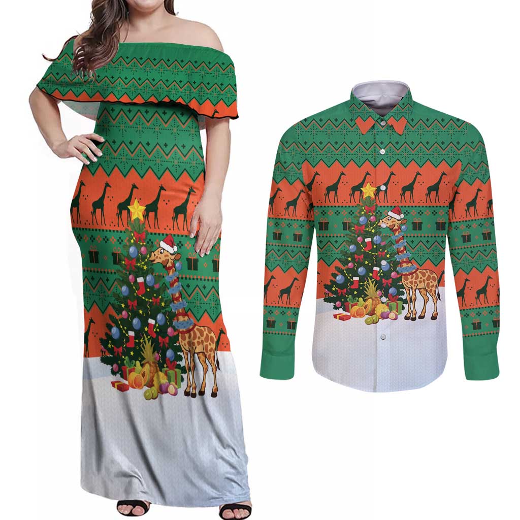 Giraffes Decorating Tree Gifts Couples Matching Off Shoulder Maxi Dress and Long Sleeve Button Shirt with Orange Green Holiday Pattern Design - Wonder Print Shop