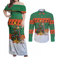 Giraffes Decorating Tree Gifts Couples Matching Off Shoulder Maxi Dress and Long Sleeve Button Shirt with Orange Green Holiday Pattern Design - Wonder Print Shop