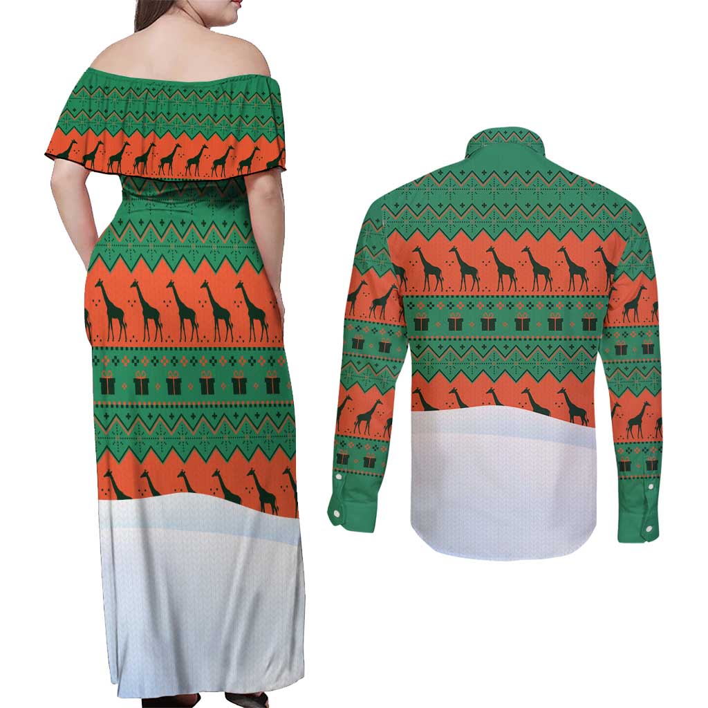 Giraffes Decorating Tree Gifts Couples Matching Off Shoulder Maxi Dress and Long Sleeve Button Shirt with Orange Green Holiday Pattern Design - Wonder Print Shop