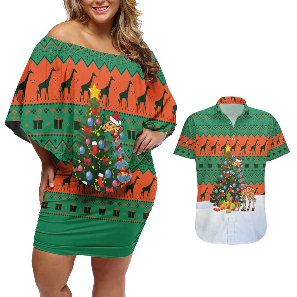 Giraffes Decorating Tree Gifts Couples Matching Off Shoulder Short Dress and Hawaiian Shirt with Orange Green Holiday Pattern Design - Wonder Print Shop