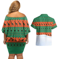 Giraffes Decorating Tree Gifts Couples Matching Off Shoulder Short Dress and Hawaiian Shirt with Orange Green Holiday Pattern Design - Wonder Print Shop