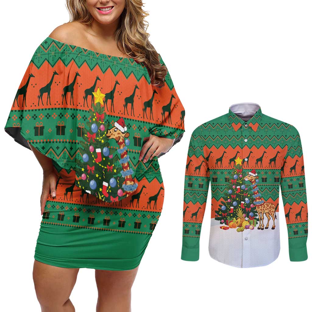Giraffes Decorating Tree Gifts Couples Matching Off Shoulder Short Dress and Long Sleeve Button Shirt with Orange Green Holiday Pattern Design - Wonder Print Shop