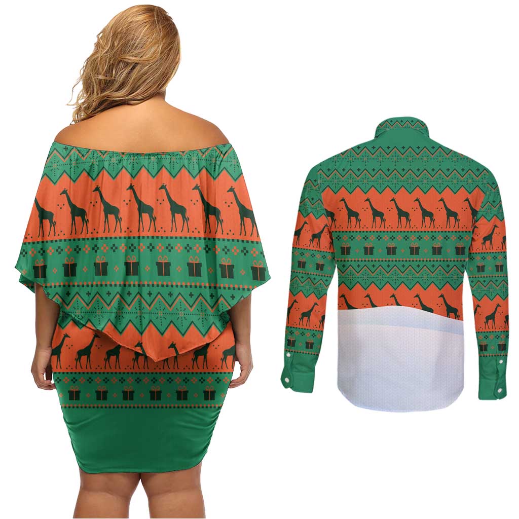 Giraffes Decorating Tree Gifts Couples Matching Off Shoulder Short Dress and Long Sleeve Button Shirt with Orange Green Holiday Pattern Design - Wonder Print Shop