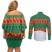 Giraffes Decorating Tree Gifts Couples Matching Off Shoulder Short Dress and Long Sleeve Button Shirt with Orange Green Holiday Pattern Design - Wonder Print Shop