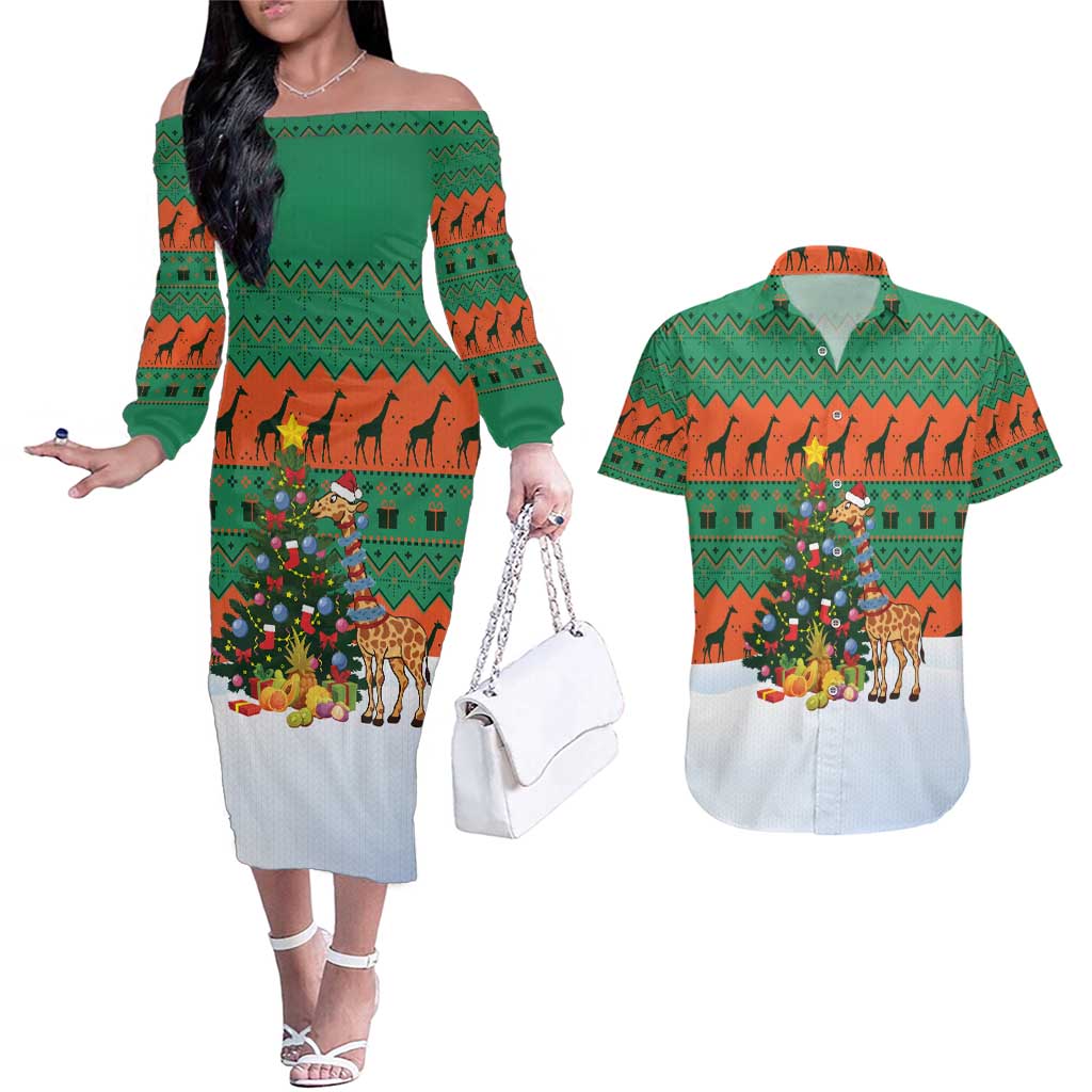 Giraffes Decorating Tree Gifts Couples Matching Off The Shoulder Long Sleeve Dress and Hawaiian Shirt with Orange Green Holiday Pattern Design - Wonder Print Shop