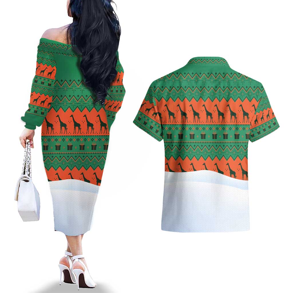 Giraffes Decorating Tree Gifts Couples Matching Off The Shoulder Long Sleeve Dress and Hawaiian Shirt with Orange Green Holiday Pattern Design - Wonder Print Shop