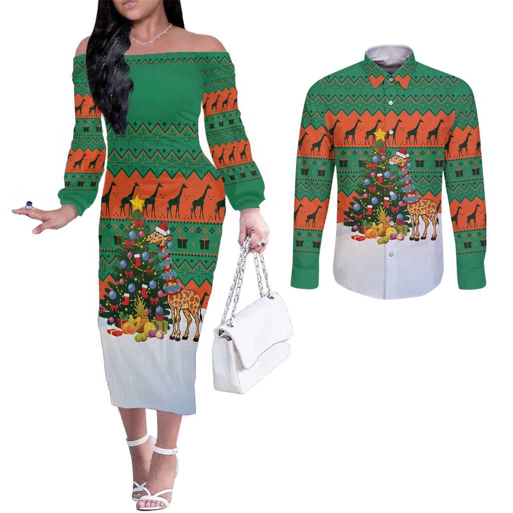 Giraffes Decorating Tree Gifts Couples Matching Off The Shoulder Long Sleeve Dress and Long Sleeve Button Shirt with Orange Green Holiday Pattern Design - Wonder Print Shop