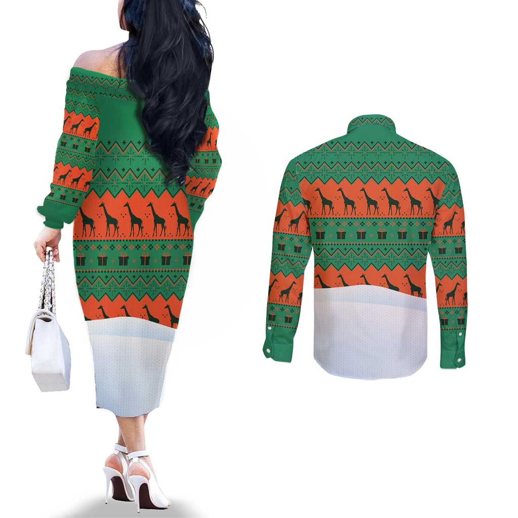 Giraffes Decorating Tree Gifts Couples Matching Off The Shoulder Long Sleeve Dress and Long Sleeve Button Shirt with Orange Green Holiday Pattern Design - Wonder Print Shop